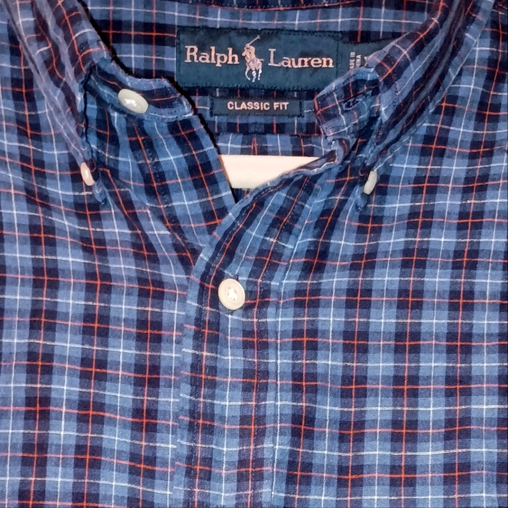 Ralph Lauren Navy/Orange Plaid Classic Fit Button Down Shirt Navy Pony XL Preppy